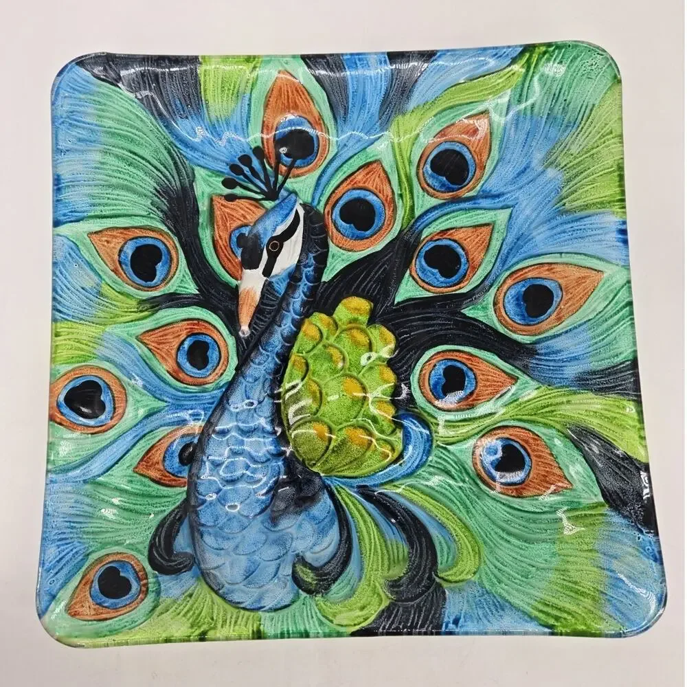 Hand Painted Peacock Plate Square Glass Beautiful Display Piece 12